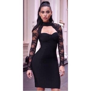 Miss Circle New York Black Lace Bandage Dress Long Sleeve Cutout Bodycon Small